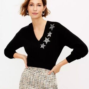 LOFT Black V-Neck Sweater with Silver Star Accents